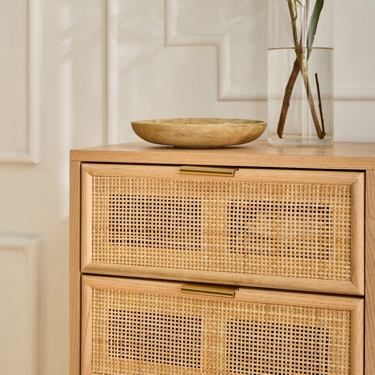 KOMMODE mit 5 Schubladen und Fronten aus natürlichem Rattan - H100,5 cm - Apfelbaumfarben, Holzwerkstoff (42/100.5/36.5cm) - Calicosy
