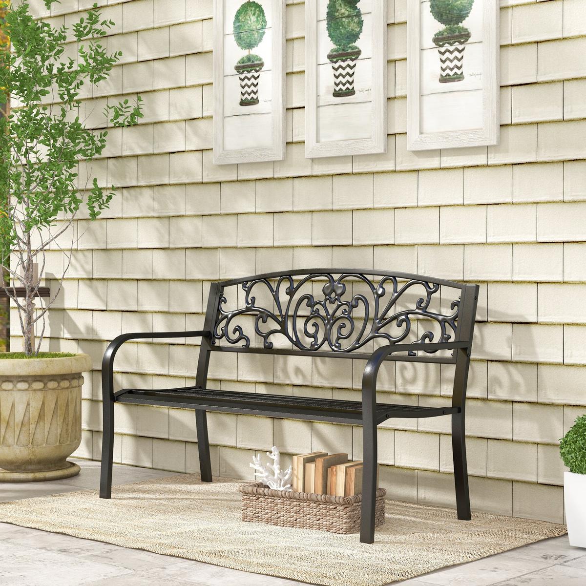 WETTERFESTE SITZBANK, bis 250 kg Belastbar, 127cm x 60cm x 87cm, Metall, Schwarz - Schwarz, Metall (60/87/127cm) - Outsunny