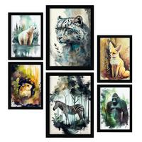 POSTER Set Mit 6 Norden Und Süden Illustrationen Von Tieren In Naturlandschaften, Realistischer Aquarellstil Innenarchitektur A3 & A4 Schwarzer Rahmen - Schwarz, Papier (29/3cm) - Nacnic