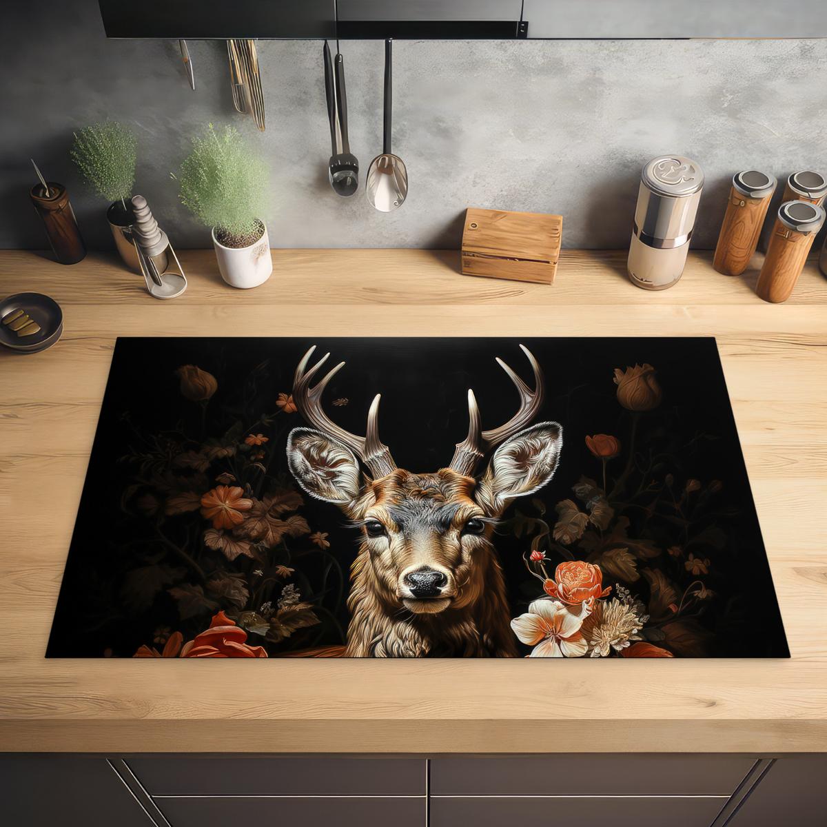 HERDABDECKPLATTE Hirsch - Tier - Blumen - Natur - Botanisch Induktionsmatte 83x51 cm - Kupferfarben, Kunststoff (83/51.5/0.2cm) - MuchoWow