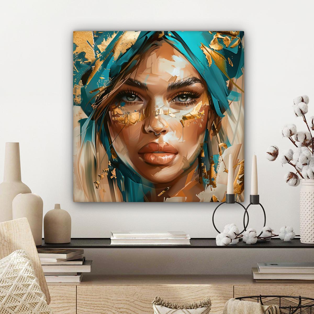LEINWANDBILD Frau - Porträt - Gold - Luxus - Blau Wandbild Wohnzimmer 50x50 cm - Türkis, Textil (50/50cm) - MuchoWow
