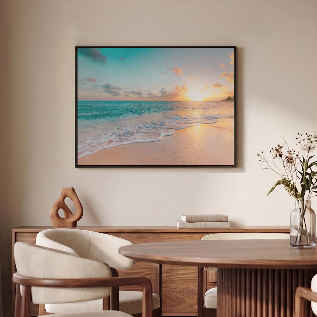 LEINWAND Bilder mit Rahmen - Sonnenuntergang - Strand - Meer - Sommer - Blau - 80x60 - Multicolor, Textil (80/60cm) - MuchoWow