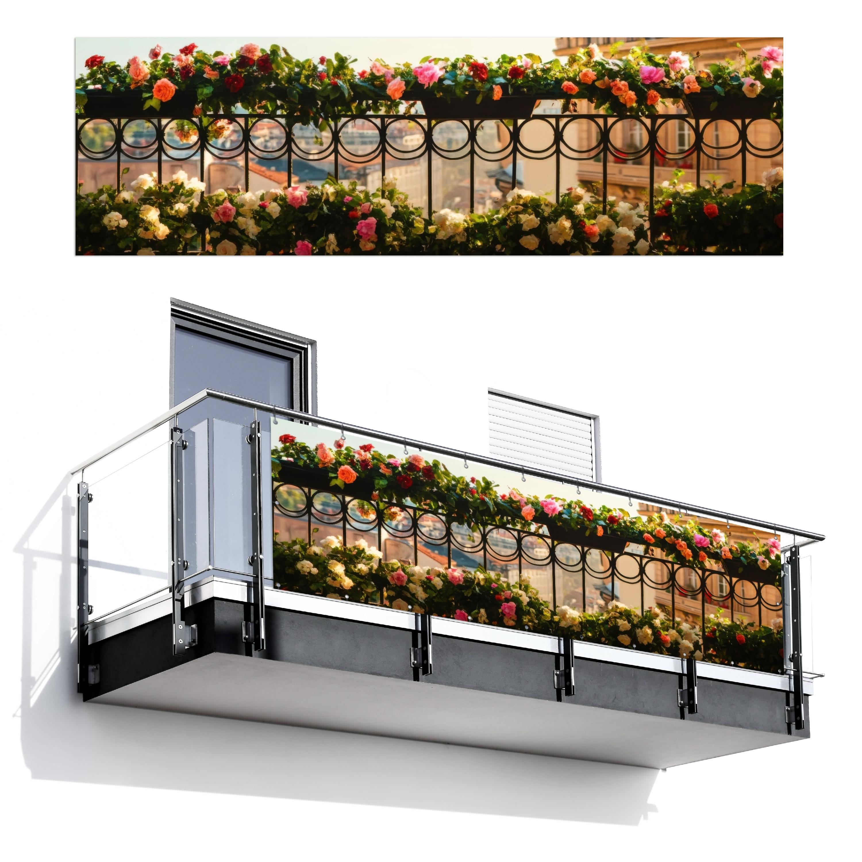 BALKON-SICHTSCHUTZ Blumen - Zaun - Stadtbild - Sommer Windschutz 300x95 cm - Pink, Kunststoff (300/95cm) - MuchoWow