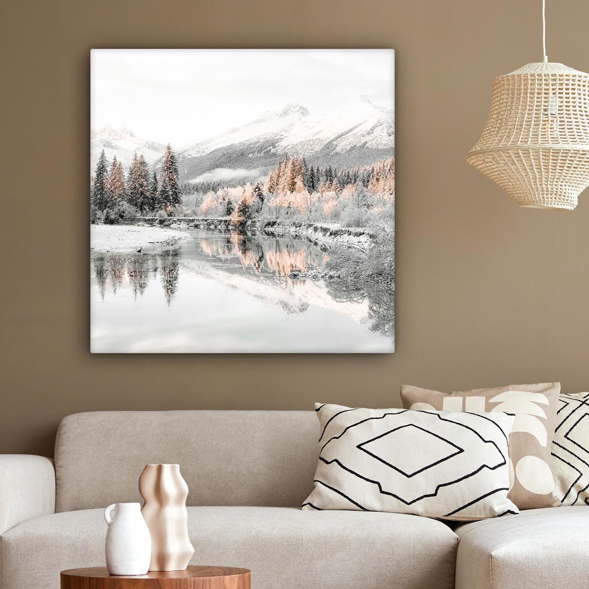LEINWANDBILD Natur - Winter - Bäume - Berge - Schnee Deko Groß 90x90 cm - Weiß Hochglanz, Textil (90/90cm) - MuchoWow