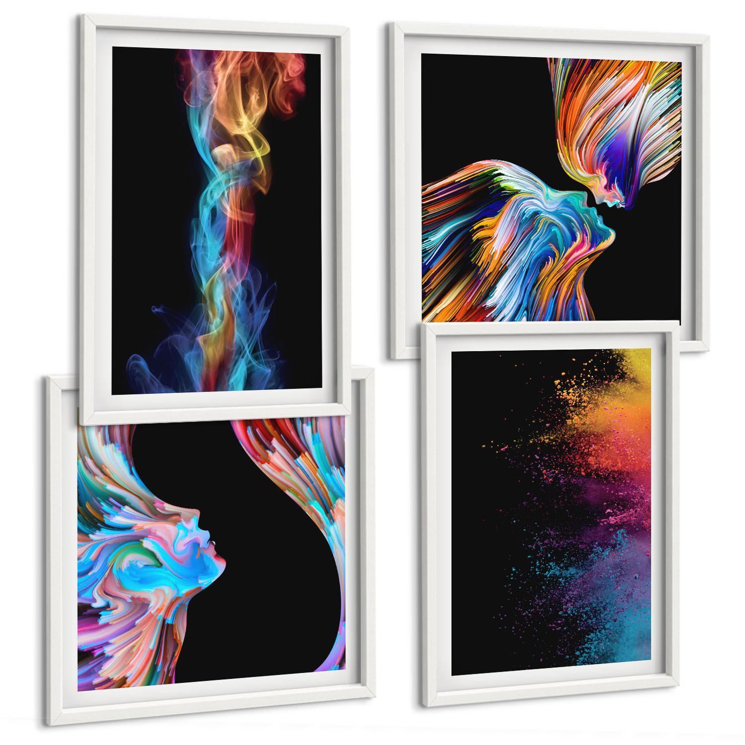 BILDER SET 4er Set - 50x50 cm & 40x60 cm Weißer Rahmen - Farbenfrohe Abstraktionen, Gesichter, Formen - Weiß, Kunststoff (50/50cm) - TULUP