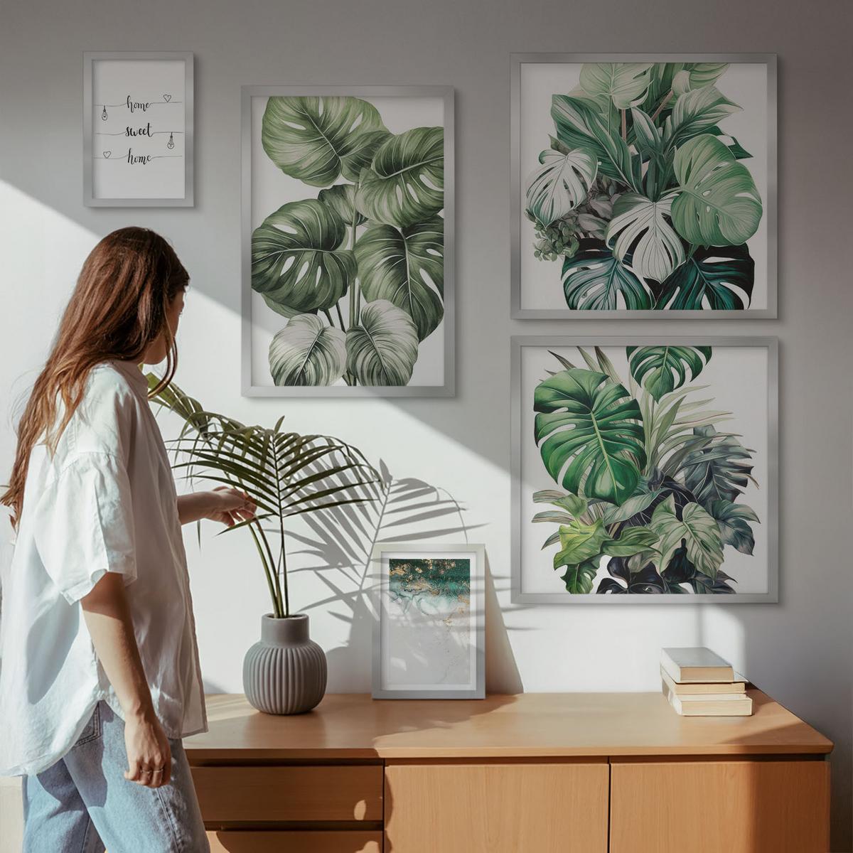 BILDER SET 5er Set - 50x50 cm & 20x30 cm & 40x60 cm Silberner Rahmen - Aquarell-Monstera-Blätter - Silberfarben, Kunststoff (40/60cm) - TULUP