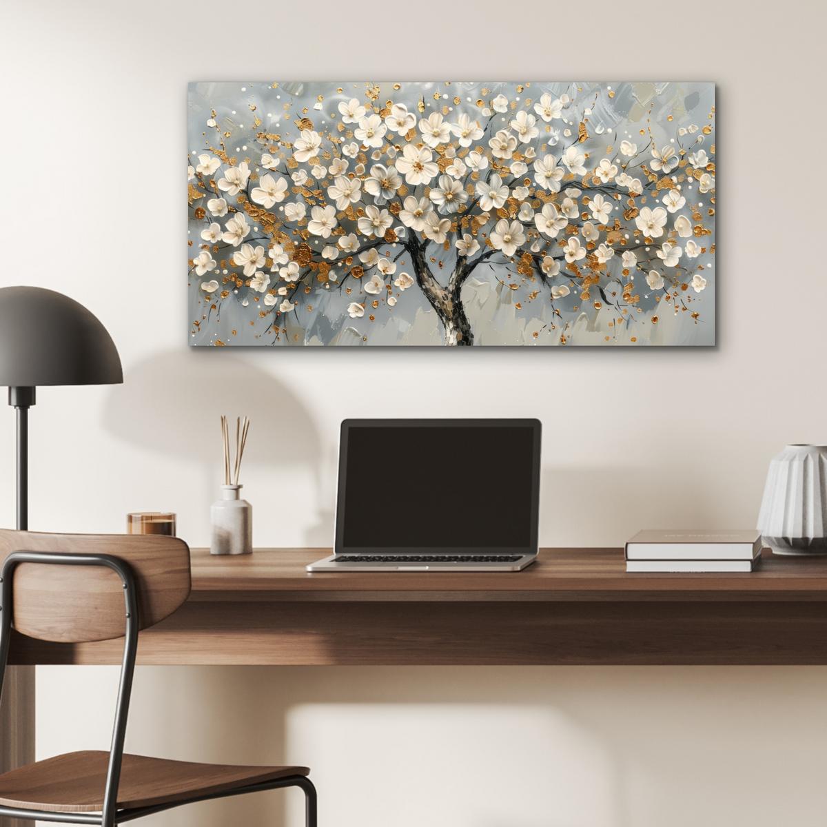 METALLBILD Baum - Blumen - Weiß - Natur - Kunst 80x40 cm - Weiß, Metall (80/40cm) - MuchoWow