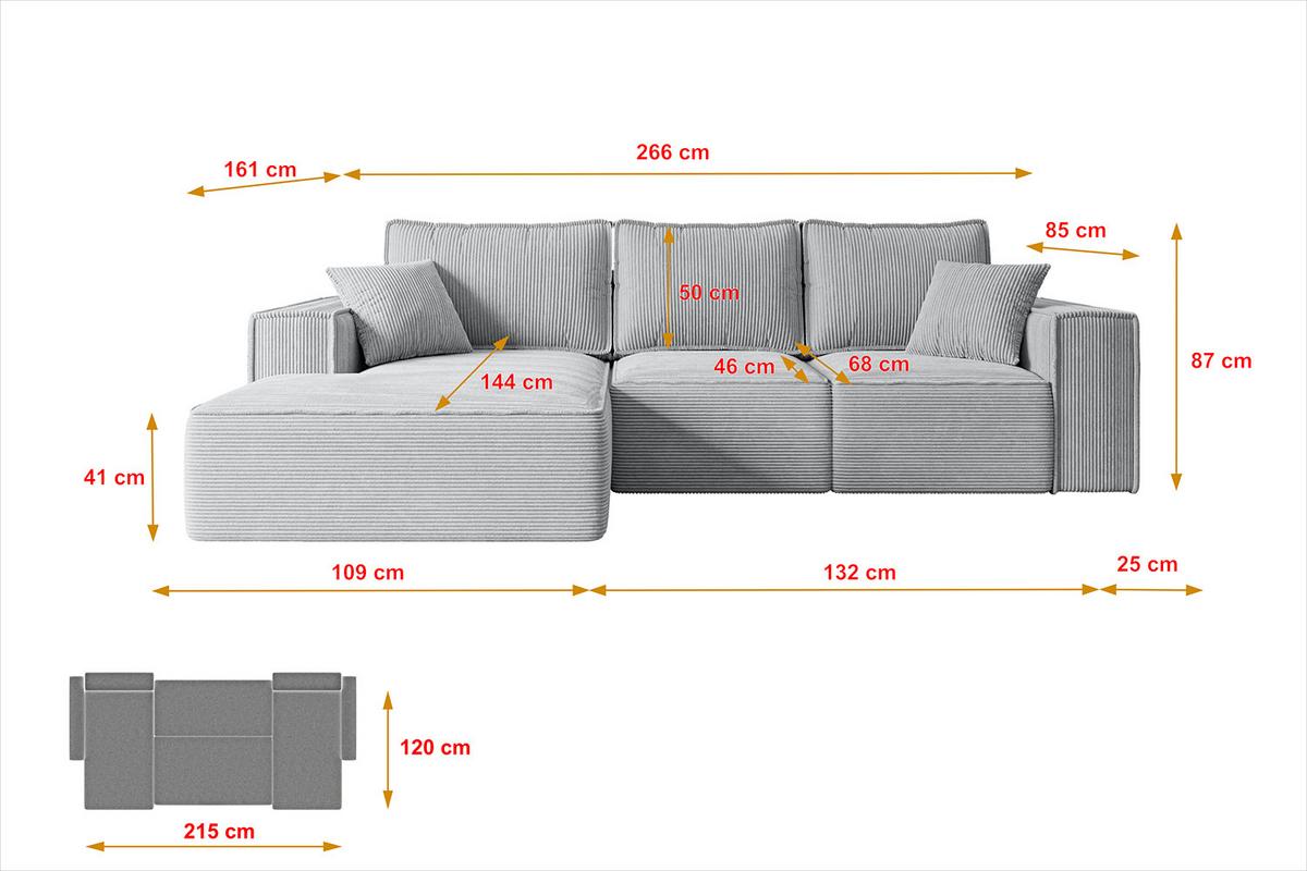 ECKSOFA mit Schlaffunktion und Bettkasten SERRA-L-S - 266x161x87 cm Grau Cord - Schwarz/Grau, Holzwerkstoff/Kunststoff (266/161cm) - ALTDECOR