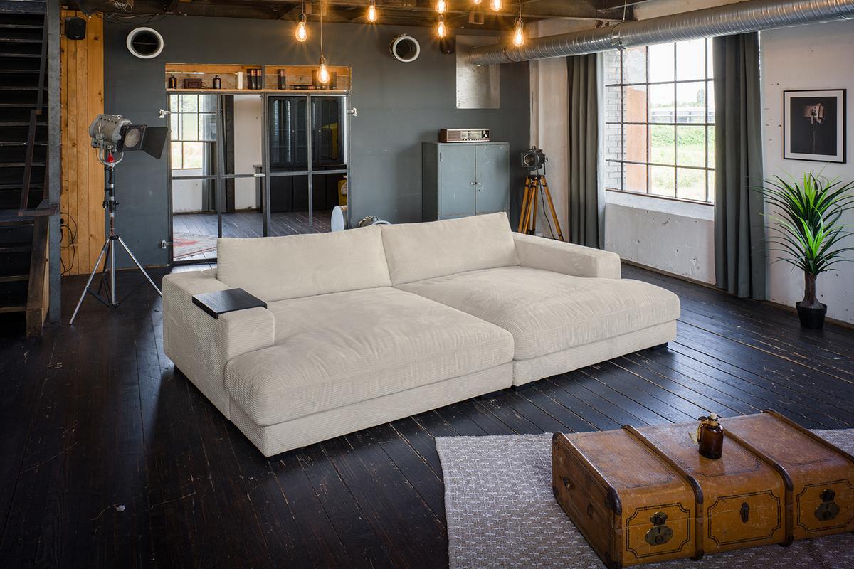 BIG SOFA XL MIT TABLETT MADELINE Cremeweiß Cord - Creme/Schwarz, Kunststoff/Textil (290/85/190cm) - KAWOLA