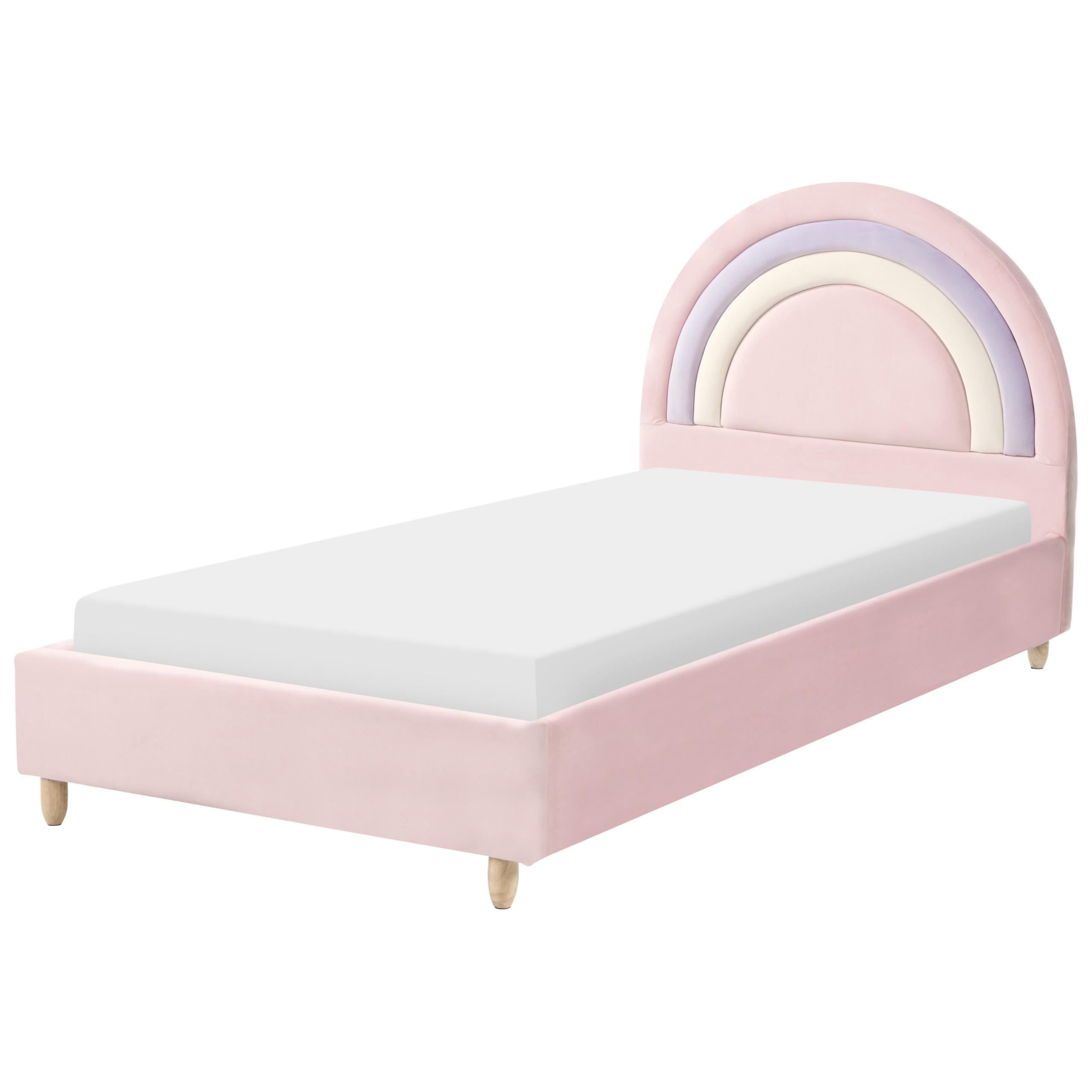 KINDERBETT Regenbogen Samtstoff 90/200 cm Rosa Landeillau - Hellbraun, Textil (90/200cm) - Beliani
