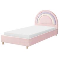 KINDERBETT Regenbogen Samtstoff 90/200 cm Rosa Landeillau - Hellbraun, Textil (90/200cm) - Beliani
