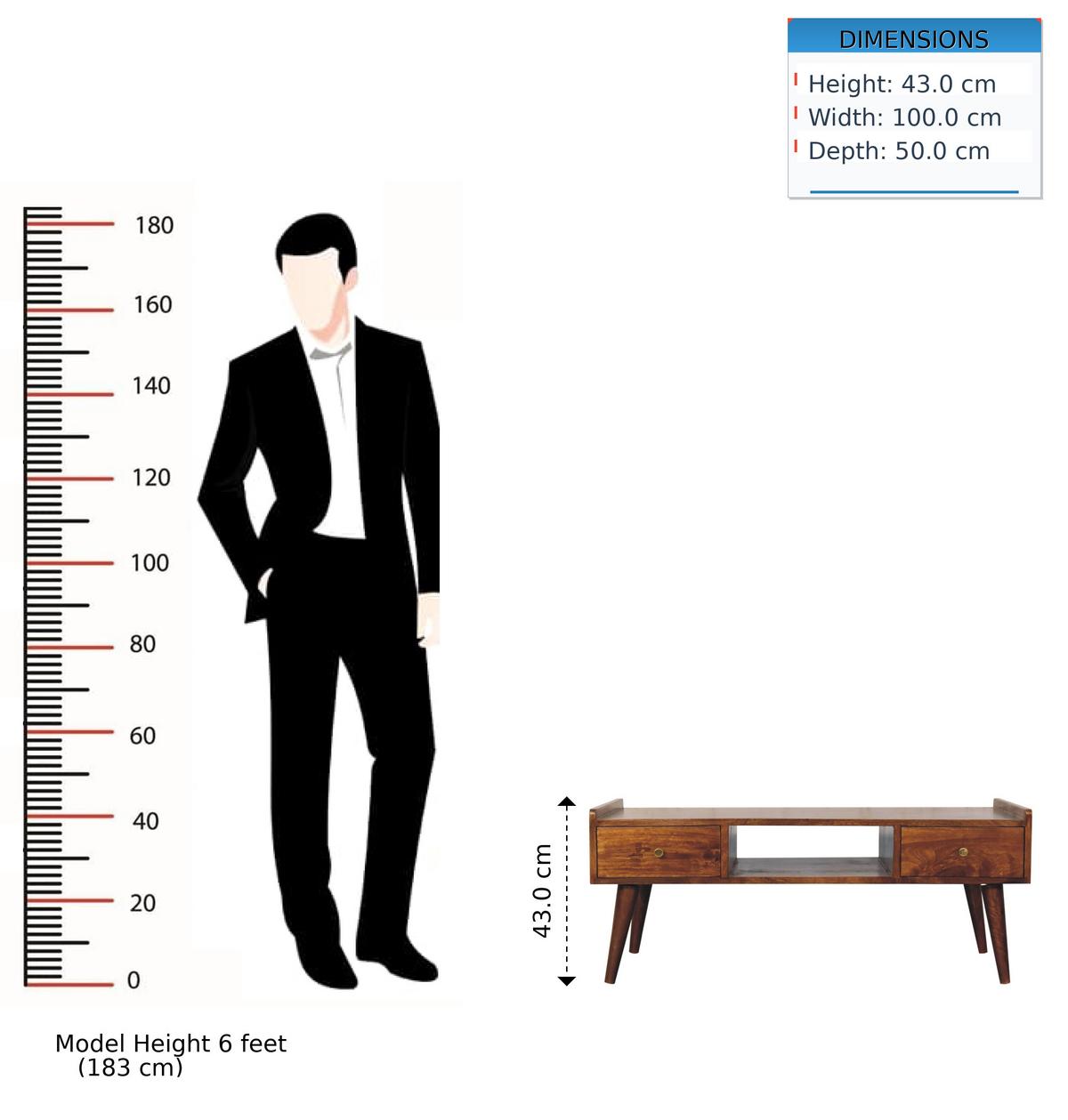 TV-EINHEIT Massivholz Erhöhtes Kastanienbraun, 2 Schubladen und Offenes Fach, Dunkelbraun - Dunkelbraun/Messingfarben, Mangoholz/Holz (100/43/50cm) - Artisan Furniture