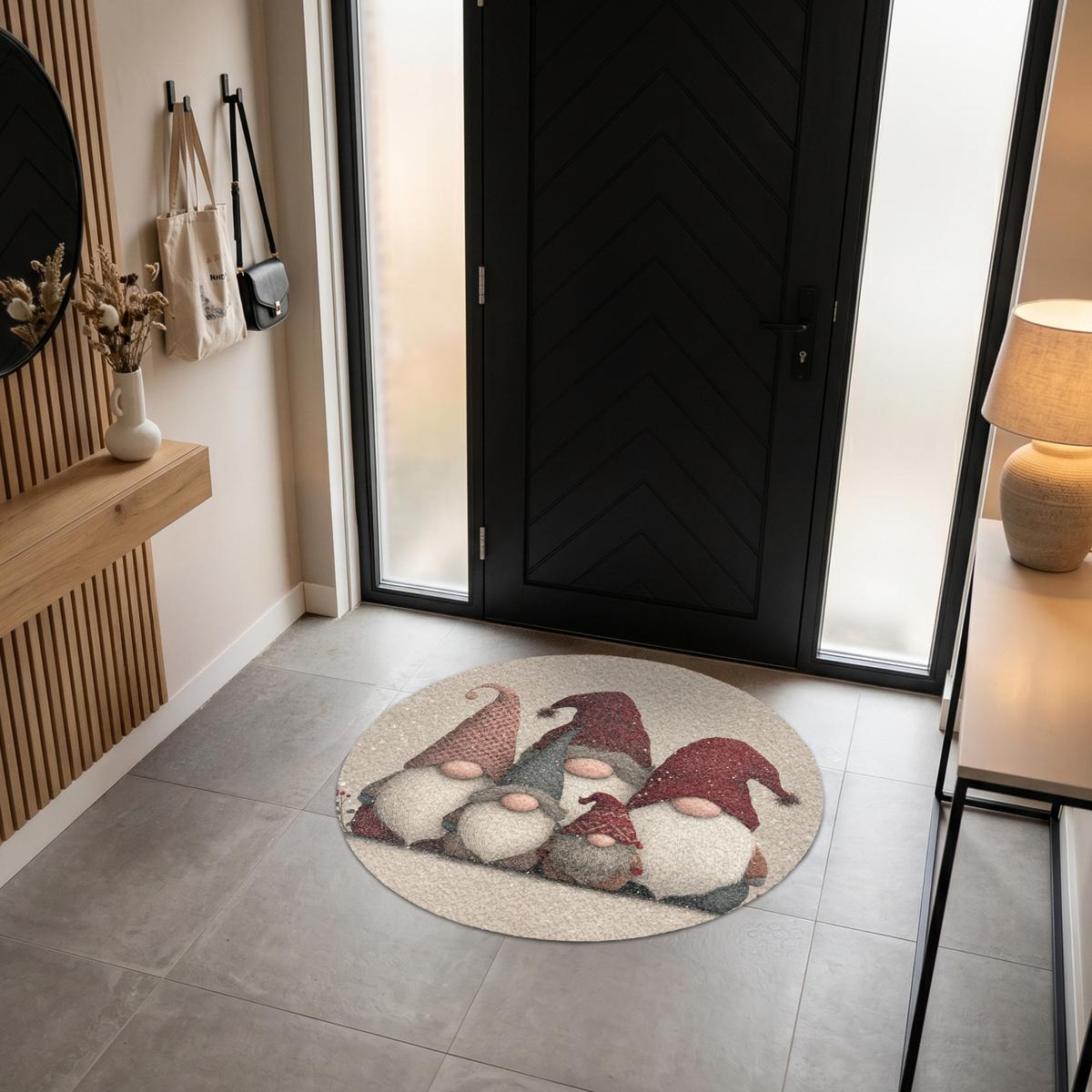FUSSMATTE Wichtel - Weihnachten - Schnee - Zipfelmützen Türmatte 120x120 cm - Beige, Kunststoff (120/0.4cm) - MuchoWow