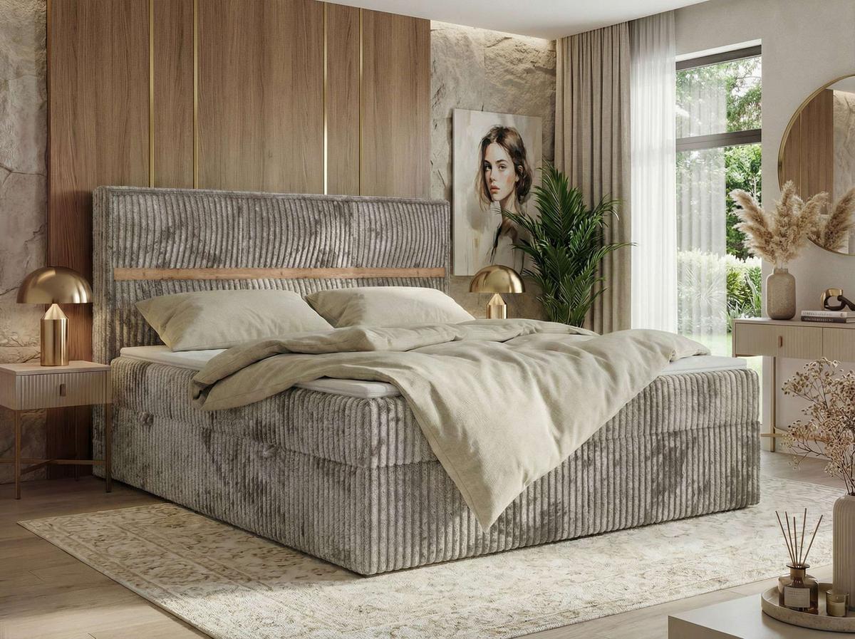 BOXSPRINGBETT ORVO 160/200 - Hellbraun Cord - Topper T25 - H3 - Hellbraun/Schwarz, Kunststoff/Textil (160/200cm) - MKS