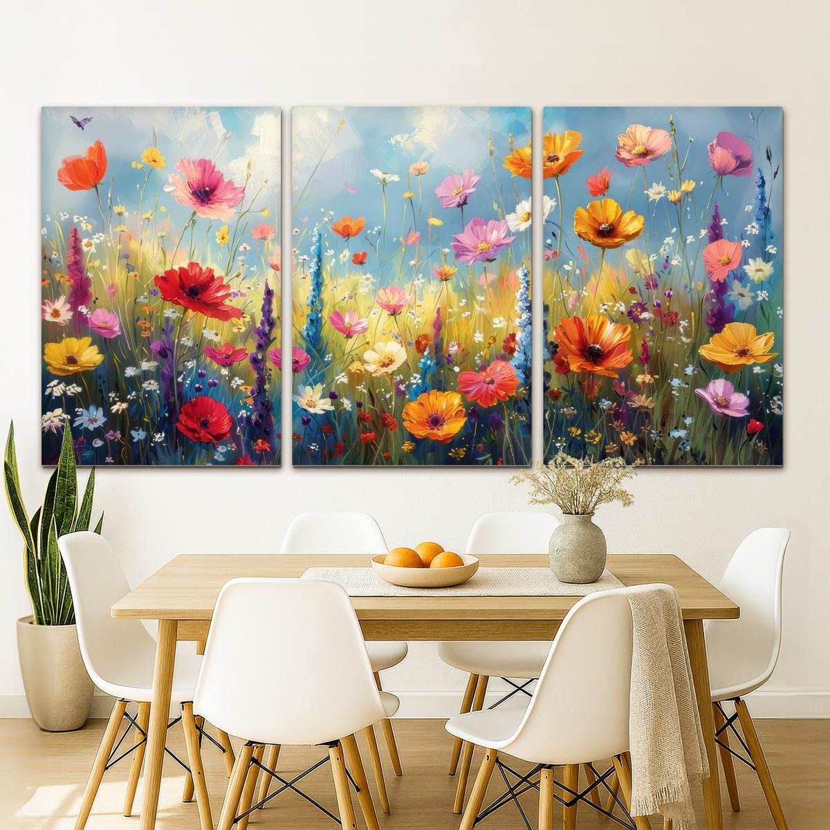 LEINWANDBILD 3er Set Blumen - Frühling - Farbenfroh - Sommerlich 240x120 cm - Orange, Textil (240/120cm) - MuchoWow