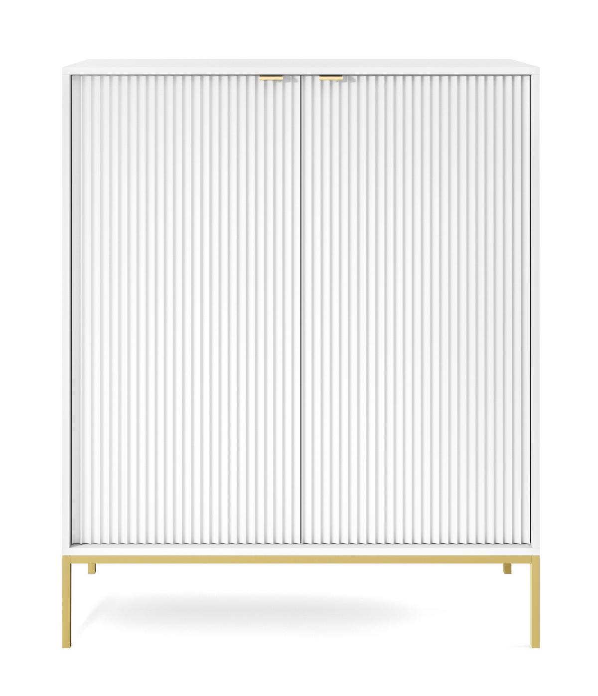 SIDEBOARD Eternas 2T Weiß 104/125/39 cm – schwarze Füße, mit geriffelten Fronten - Goldfarben/Weiß, Holzwerkstoff (104/125/39cm) - AX Living