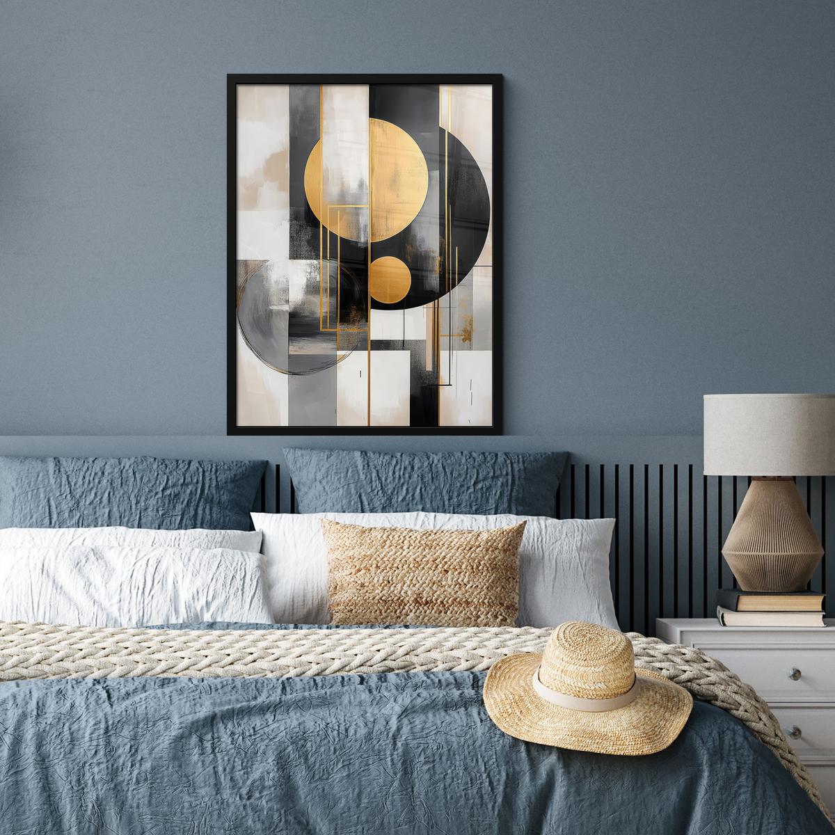 POSTER MIT RAHMENGERAHMTES BILD Abstrakt - Gold - Silber - Formen - Ästhetisch - Modern Posterleiste 60x80 cm - Goldfarben, Papier (60/80cm) - MuchoWow