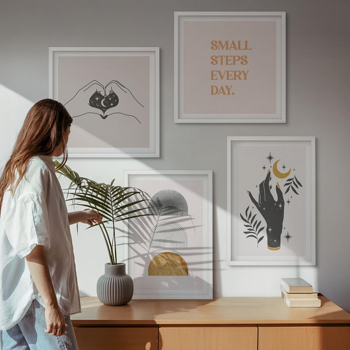 BILDER SET 4er Set - 50x50 cm & 40x60 cm Weißer Rahmen - Minimalistische Boho-Illustrationen - Weiß, Kunststoff (50/50cm) - TULUP