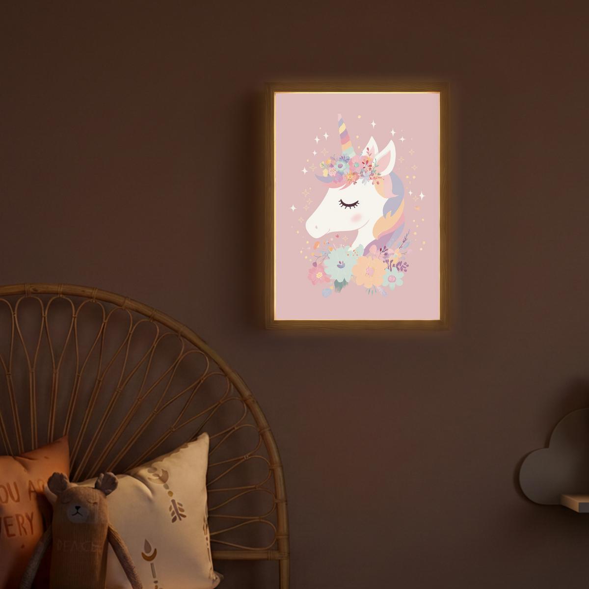 NACHTTISCHLAMPE MIT AKKU Einhorn - Rosa - Blumen 30x40 cm - Rosa, Holzwerkstoff (8/30/40cm) - OnlyWow