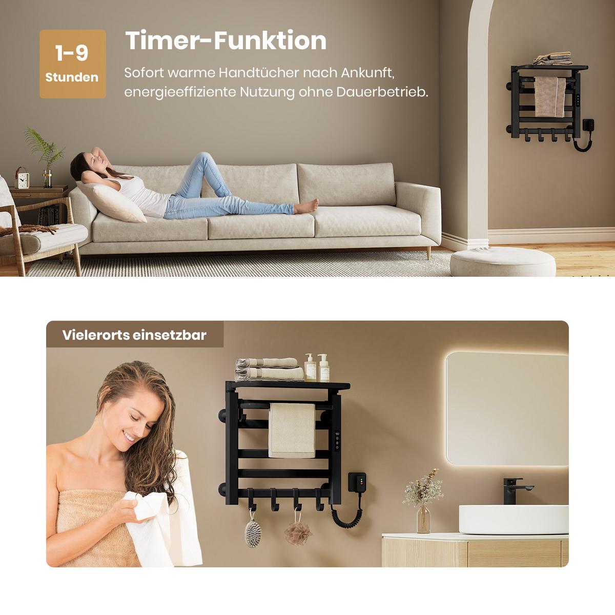 HEIZKÖRPER Elektrischer Handtuchhalter mit Ablage Schwarz 50/50/4,3 cm - Schwarz, Metall (50/50/25cm) - EMKE