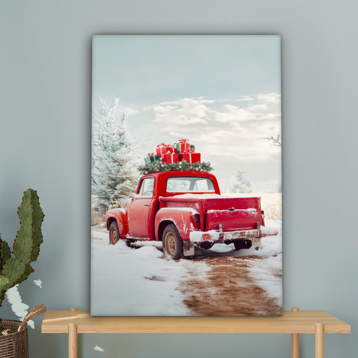 LEINWANDBILD Auto - Rot - Geschenke - Winter - Schnee - Weihnachten Wanddeko 40x60 cm - Rot, Textil (40/60cm) - MuchoWow