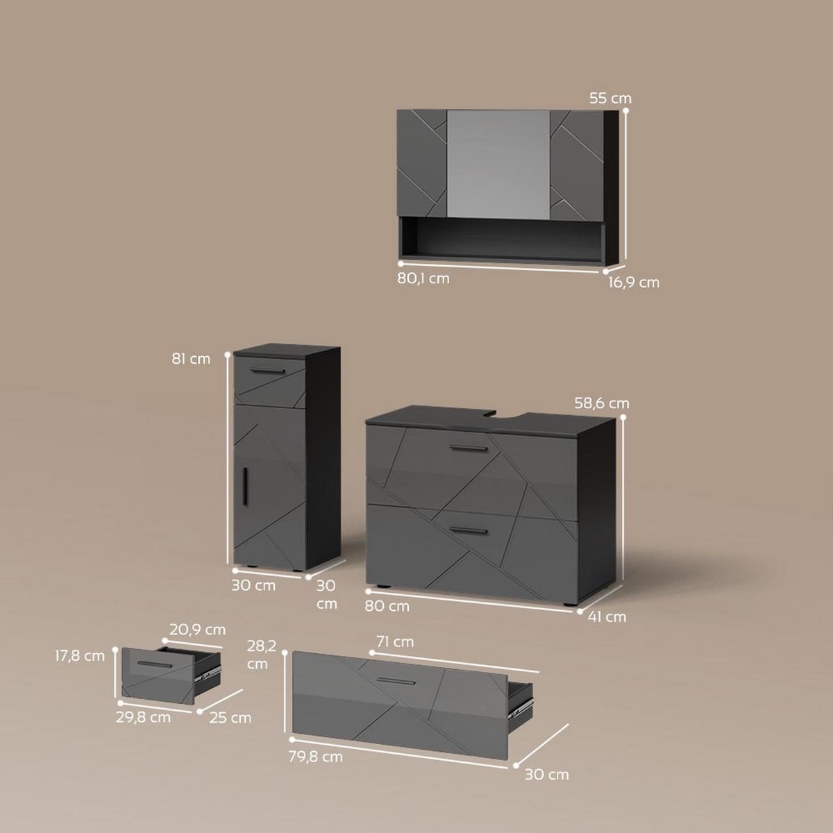 BADMÖBEL-SET Ronco Anthrazit Hochglanz 3 Teile, mit Schubladenschrank und Midischrank - Schwarz Hochglanz, Holzwerkstoff (41/80/58cm) - Livinity®