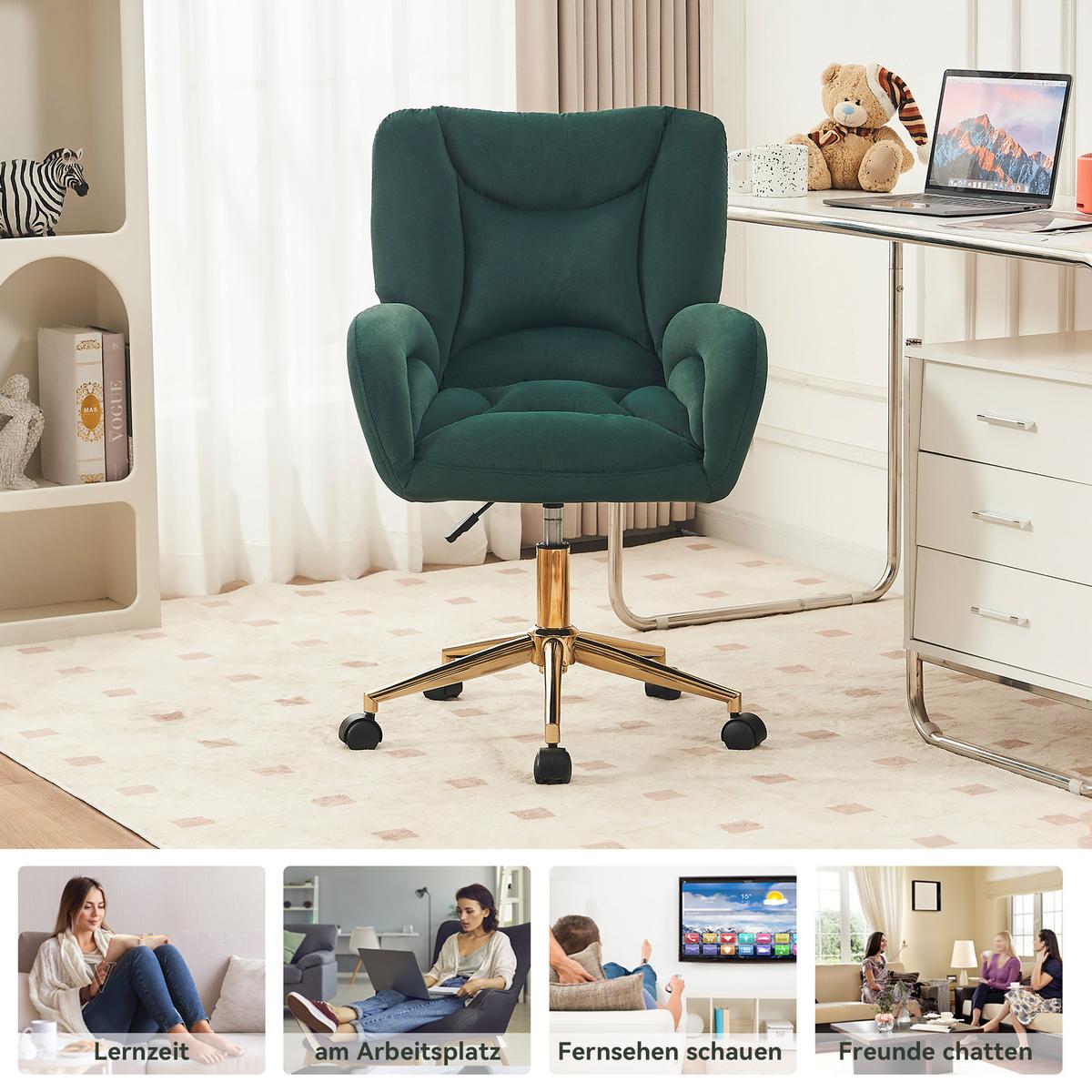 BÜROSTUHL Samt Höhenverstellbar Goldene Beine - Grün, Textil (64/92.5/62cm) - Urban Meuble