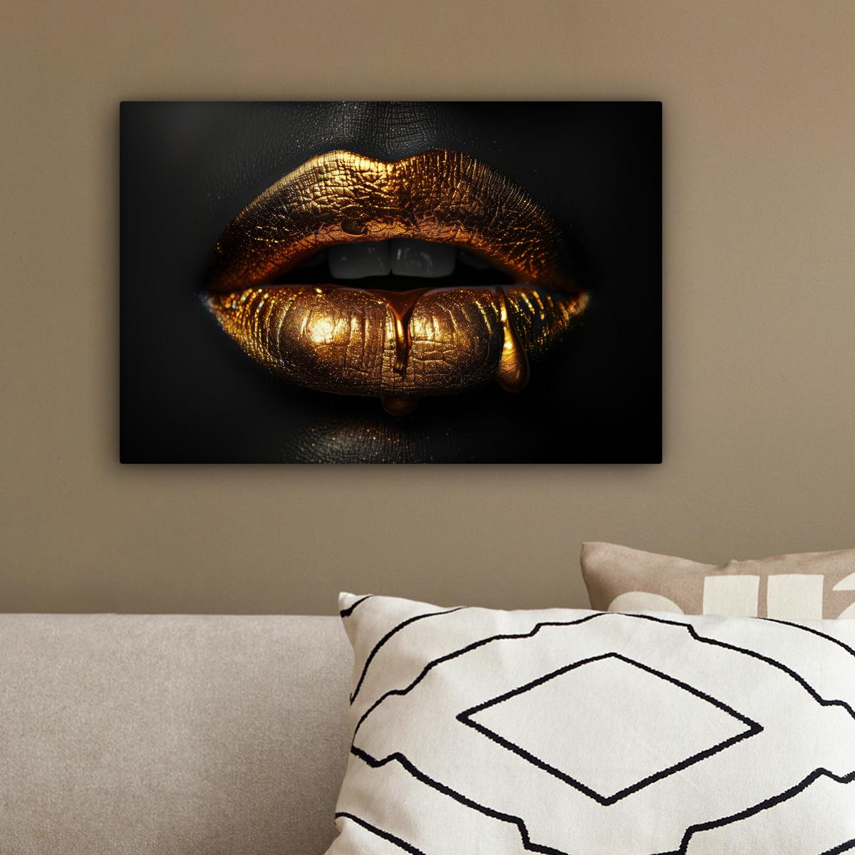 LEINWANDBILD Frau - Porträt - Lippen - Gold - Schwarz Deko Schlafzimmer 30x20 cm - Schwarz, Textil (30/20cm) - MuchoWow