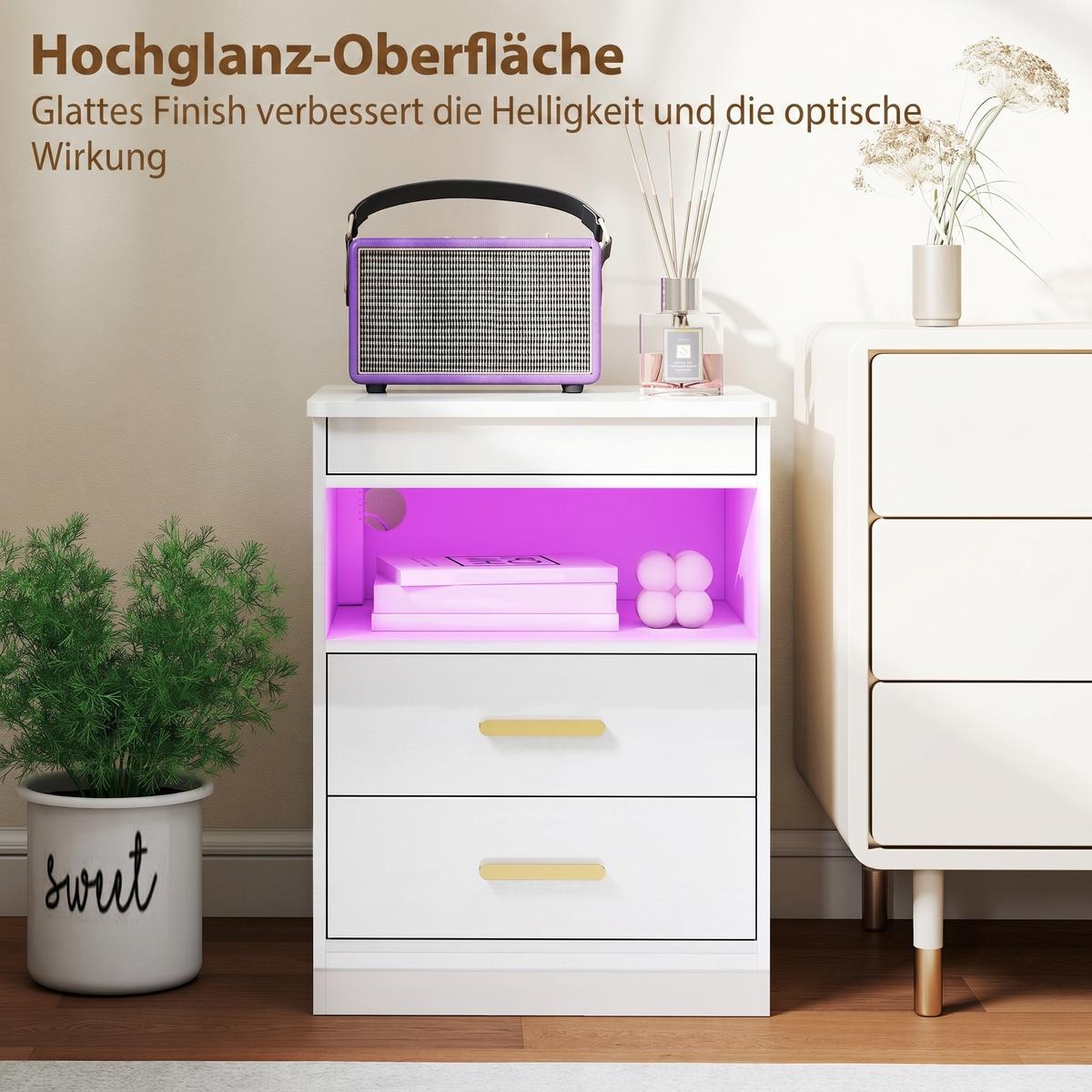 NACHTTISCH MDF Hochglanz-Weiß - Weiß Hochglanz, Holzwerkstoff/Metall (40/59/45cm) - HOMCOM