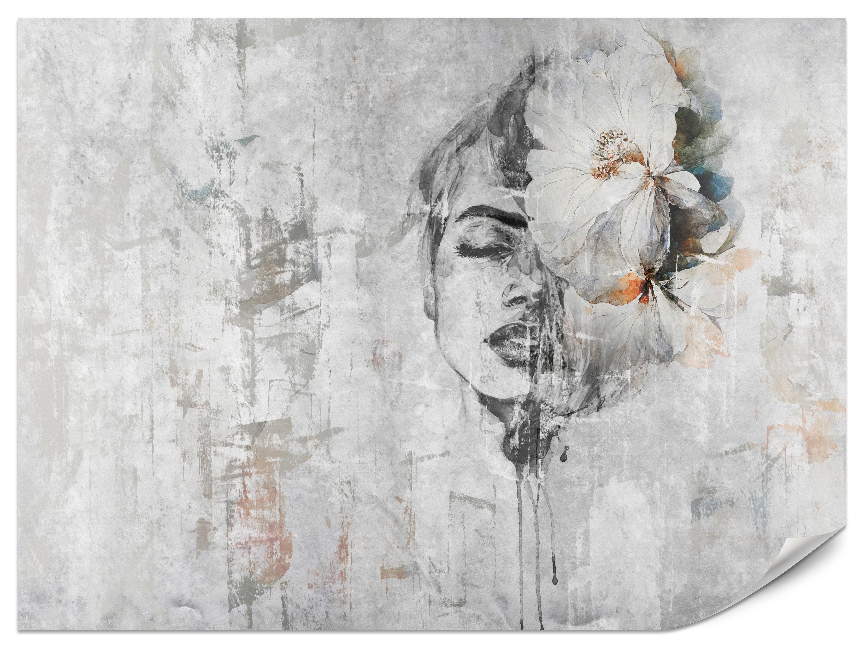 FOTOTAPETE für Schlafzimmer Frau Porträt Blume Beton Abstraktion 400x280 - Blau/Orange, Papier (400/280cm) - Muralo