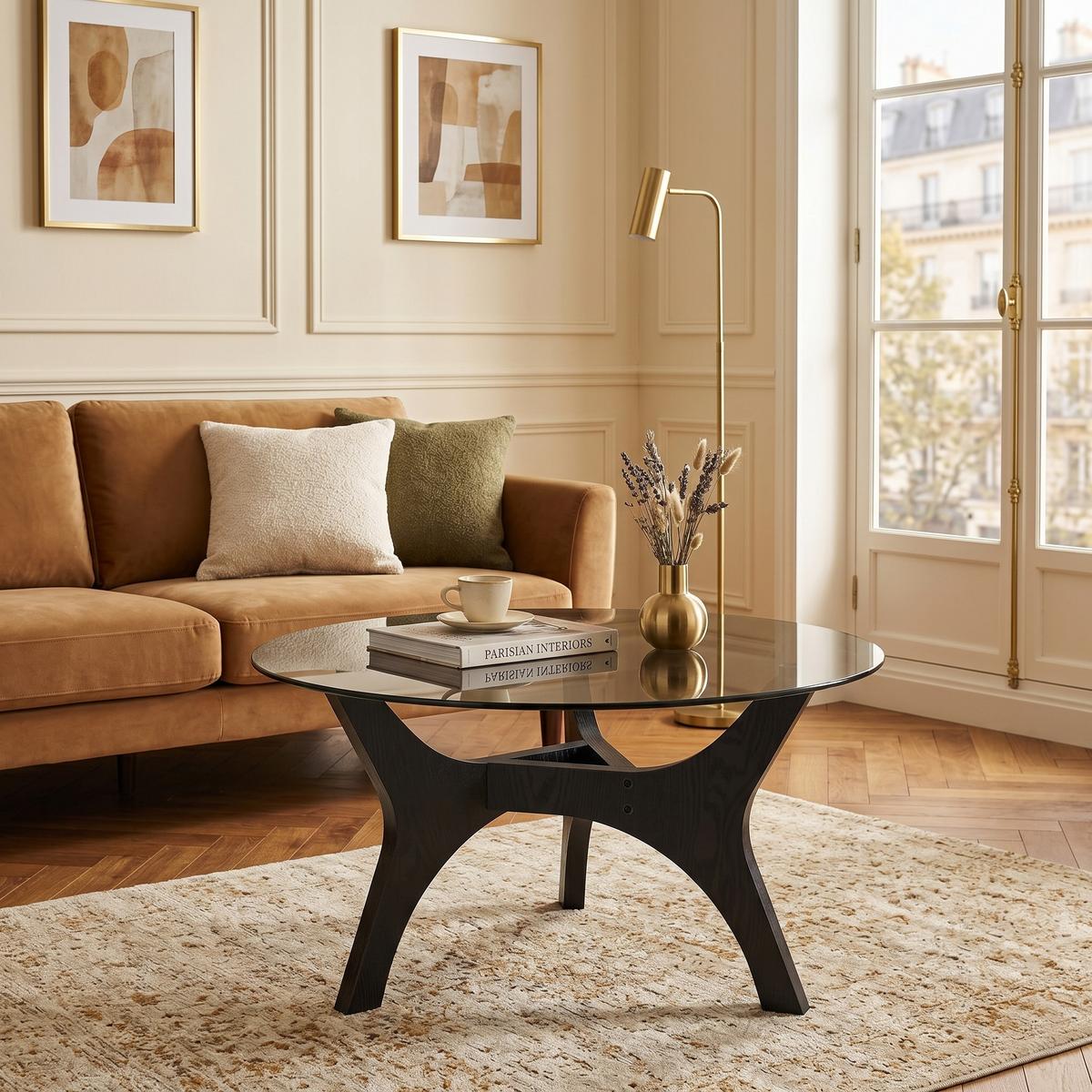 COUCHTISCH rund (Ø 80cm) aus schwarzem Holz und bernsteinfarbenem Glas - Schwarz, Glas (80/80/42.2cm) - Urban Meuble