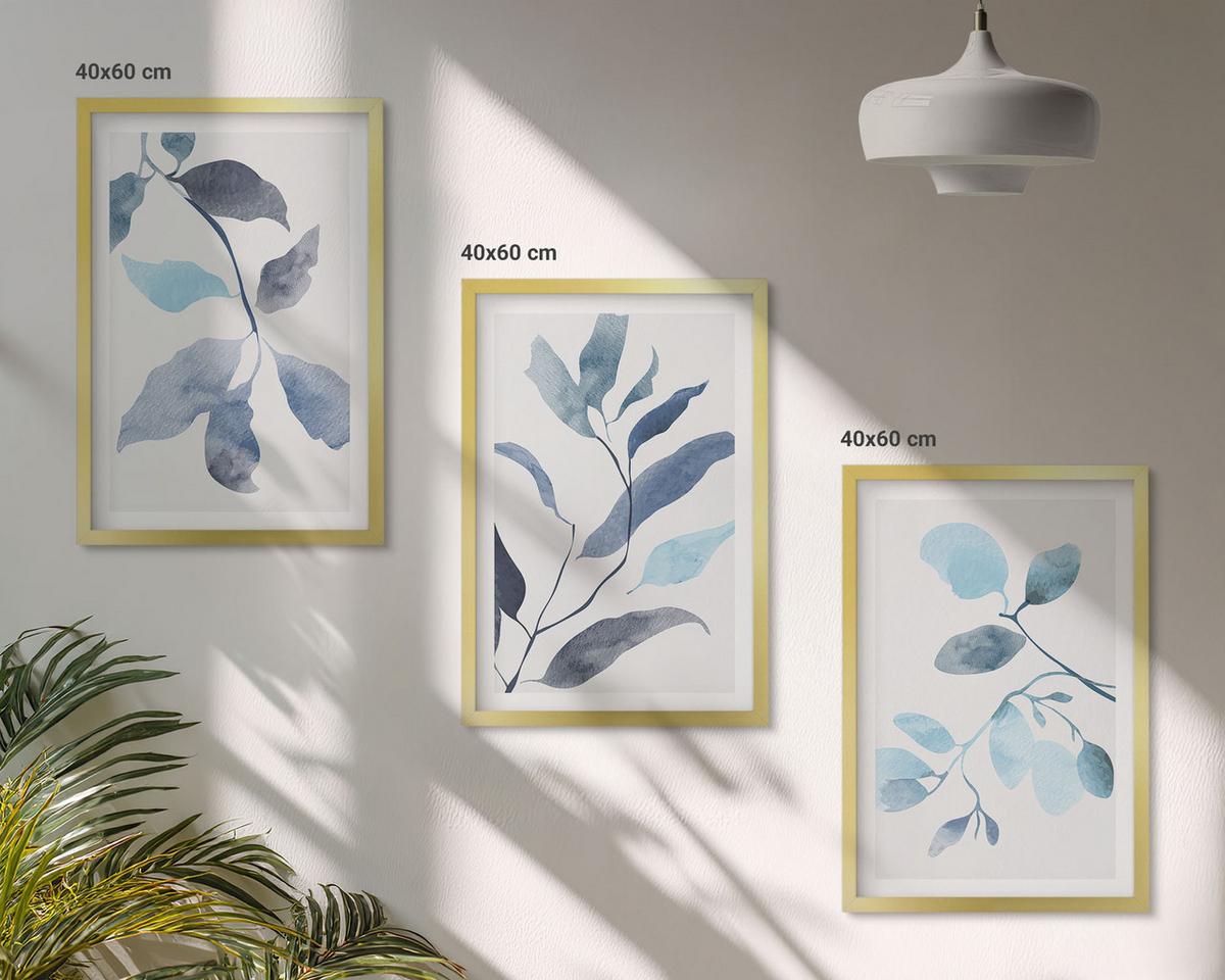 BILDER SET 3er Set - 40x60 cm Goldrahmen - Aquarell von blauen Blättern - Goldfarben, Kunststoff (40/60cm) - TULUP