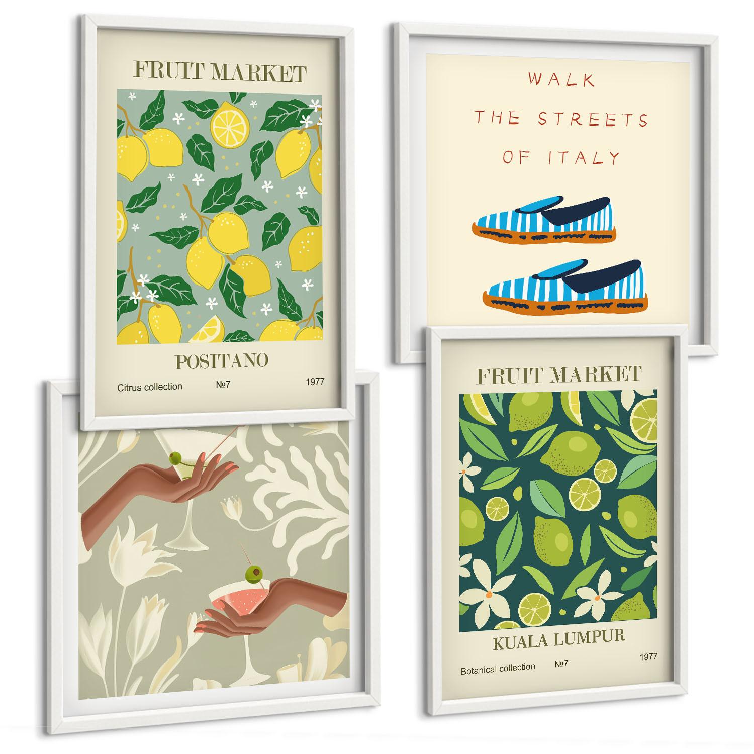 BILDER SET 4er Set - 50x50 cm & 40x60 cm Weißer Rahmen - Italienische Poster mit Fruchtmotiven - Weiß, Kunststoff (50/50cm) - TULUP