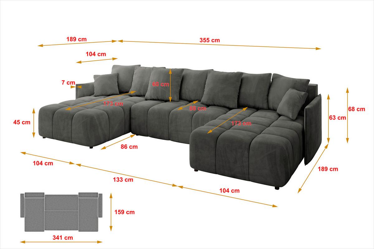 WOHNLANDSCHAFT LONLI-U 355x189x68 Dunkelgrau Velours - Anthrazit, Holzwerkstoff/Kunststoff (355/68/189cm) - ALTDECOR