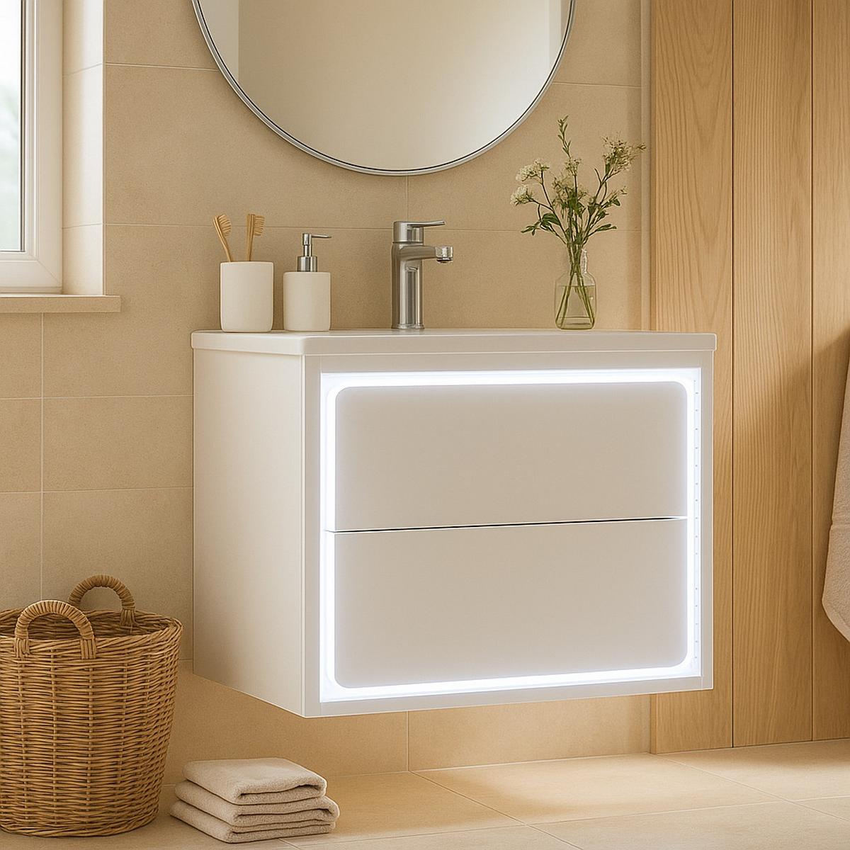 WASCHTISCHKOMBI Weiß hängend mit LED-Radarsensor & Keramikbecken - Weiß, Keramik/Holzwerkstoff (60/50/46cm) - Urban Meuble