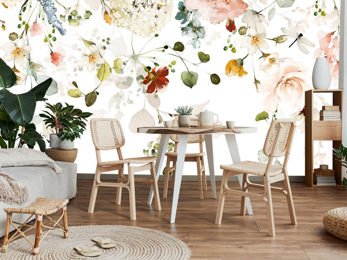 FOTOTAPETE für Schlafzimmer Bunte Zarte Blumen Blätter Pastell 400x280 - Ecru/Beige, Papier (400/280cm) - Muralo
