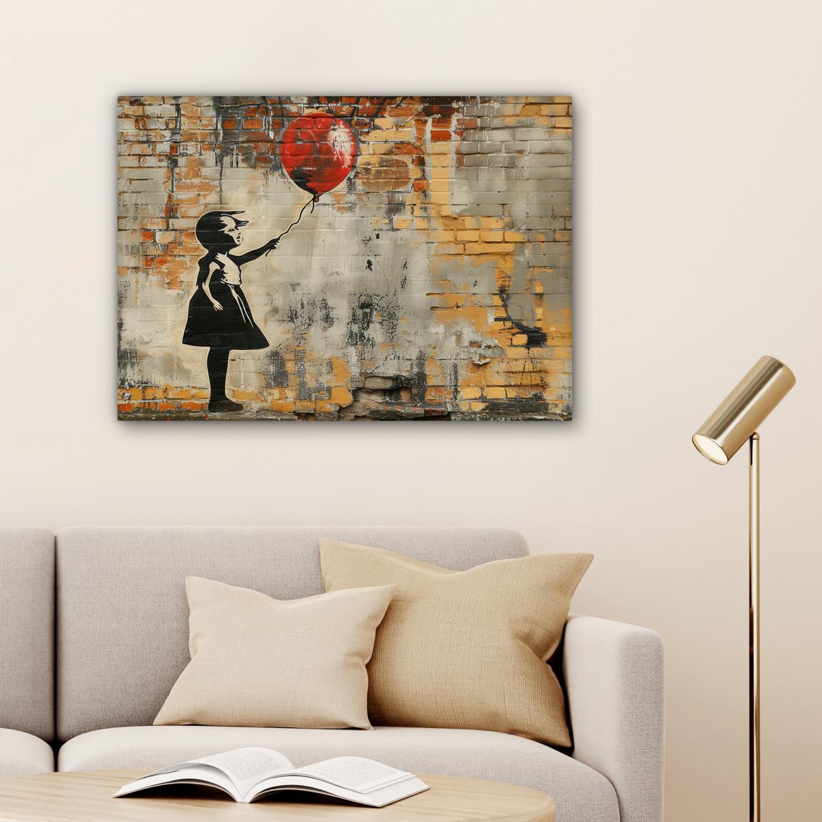 LEINWANDBILD Graffiti - Banksy - Mädchen - Straßenkunst Wandbilder 80x60 cm - Sandfarben, Textil (80/60cm) - MuchoWow