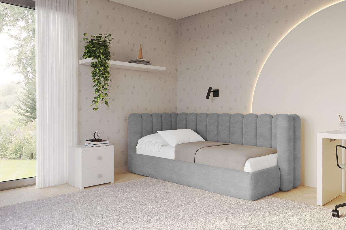 EINZELLBETT Jugendbett mit Bettkasten und Matratze H3/H4, Rechts - HUGY 100x200 Grau - Hellgrau, Holzwerkstoff/Textil (100/200cm) - ALTDECOR