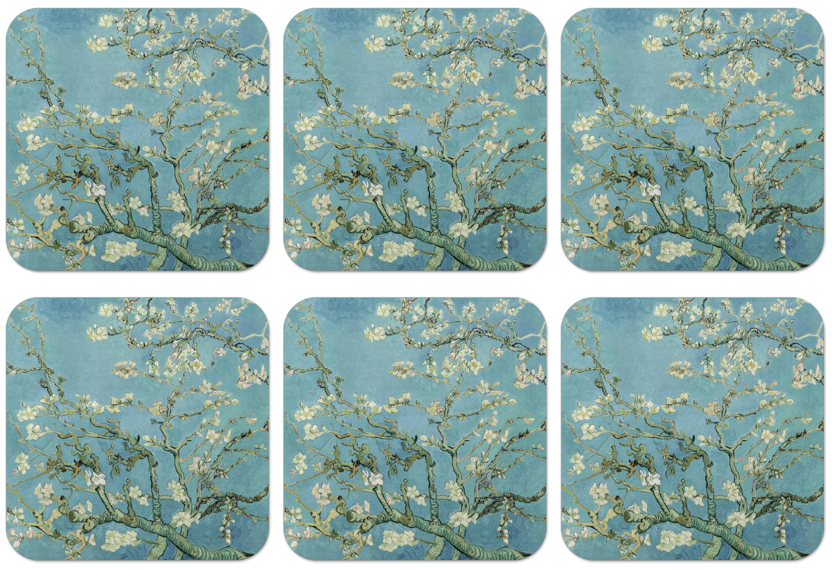 GLASUNTERSETZER 6er-Set Van Gogh - Mandelblüte - Alte Meister - Kunst - Vintage Telleruntersetzer 10x10 cm - Hellblau, Naturmaterialien (10/0.2cm) - MuchoWow
