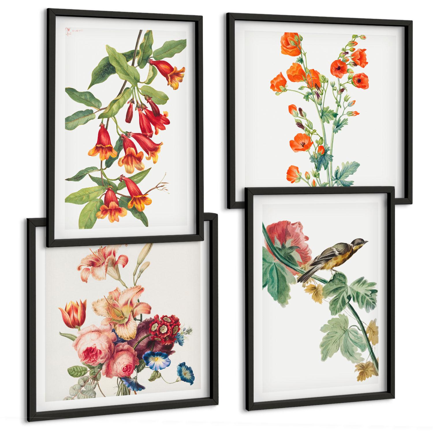 BILDER SET 4er Set - 50x50 cm & 40x60 cm Schwarzer Rahmen - Gemalte Blumen, Retro-Vogel - Schwarz, Kunststoff (50/50cm) - TULUP