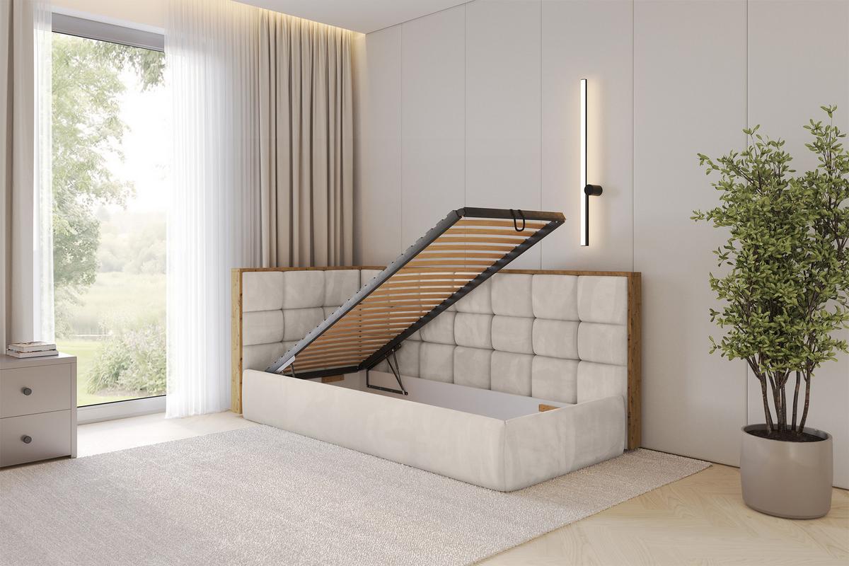 EINZELLBETT Jugendbett mit Bettkasten, Rechts - SOVY 90x200 Beige - Sandfarben, Holzwerkstoff/Textil (90/200cm) - ALTDECOR