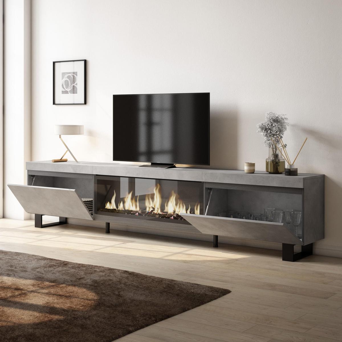 LOWBOARD, Tv-Schrank, mit Elektrokamin XXL, Zementgrau, 267/35/57cm - Grau, Holzwerkstoff (267/57/35cm) - Skraut Home