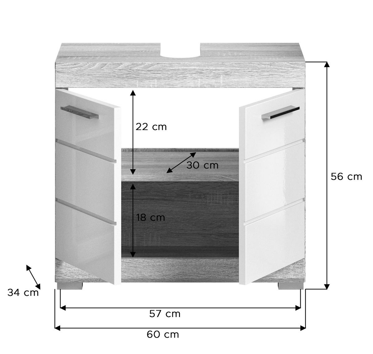WASCHBECKENUNTERSCHRANK weiß Hochglanz und Sonoma Eiche, Bad Unterschrank 60 cm - Weiß Hochglanz/Eichefarben, Holzwerkstoff/Kunststoff (60/56/34cm) - Inn.Furn