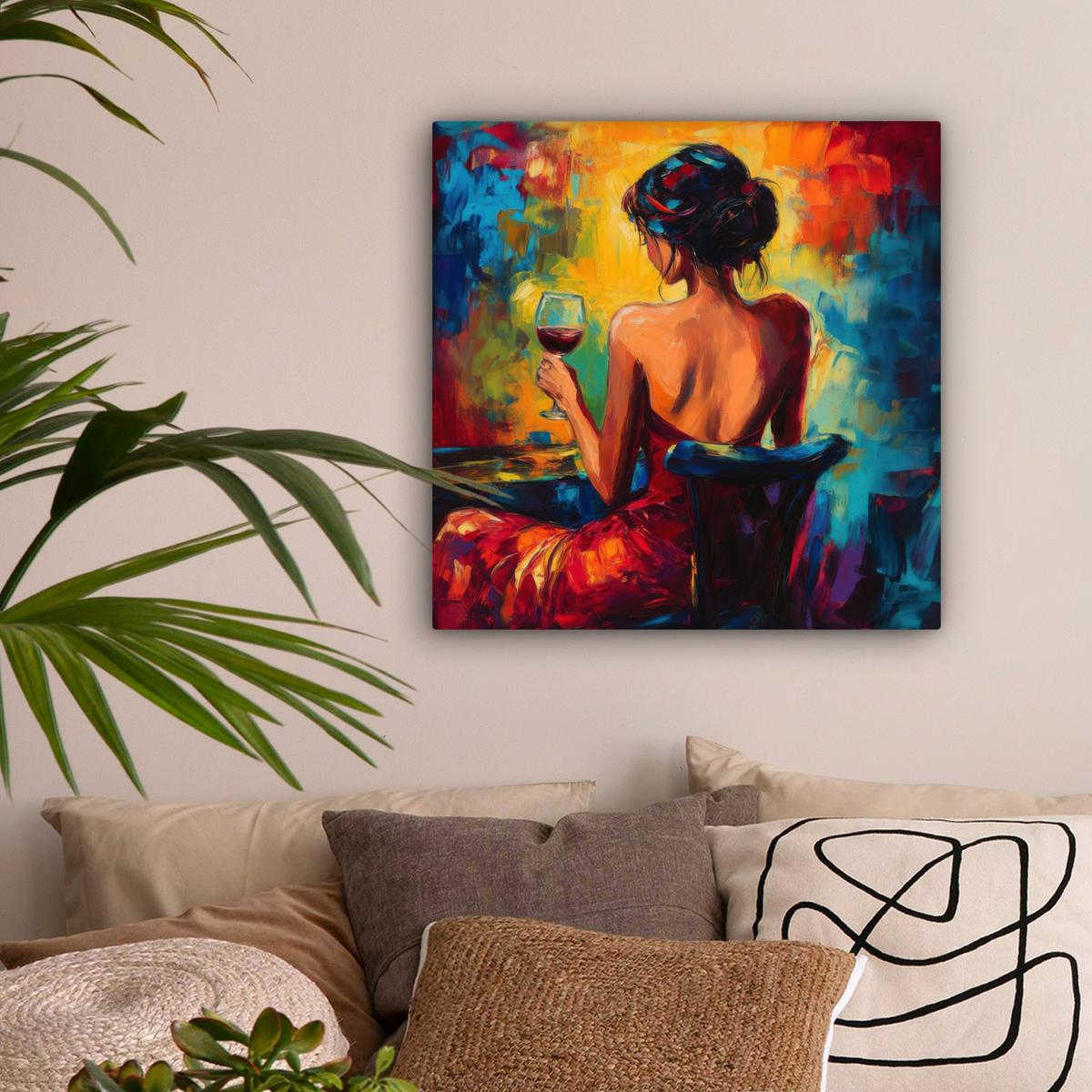 LEINWANDBILD Wein - Frau - Stimmungsvoll - Farbenfroh Wandbild Wohnzimmer 50x50 cm - Bordeaux, Textil (50/50cm) - MuchoWow