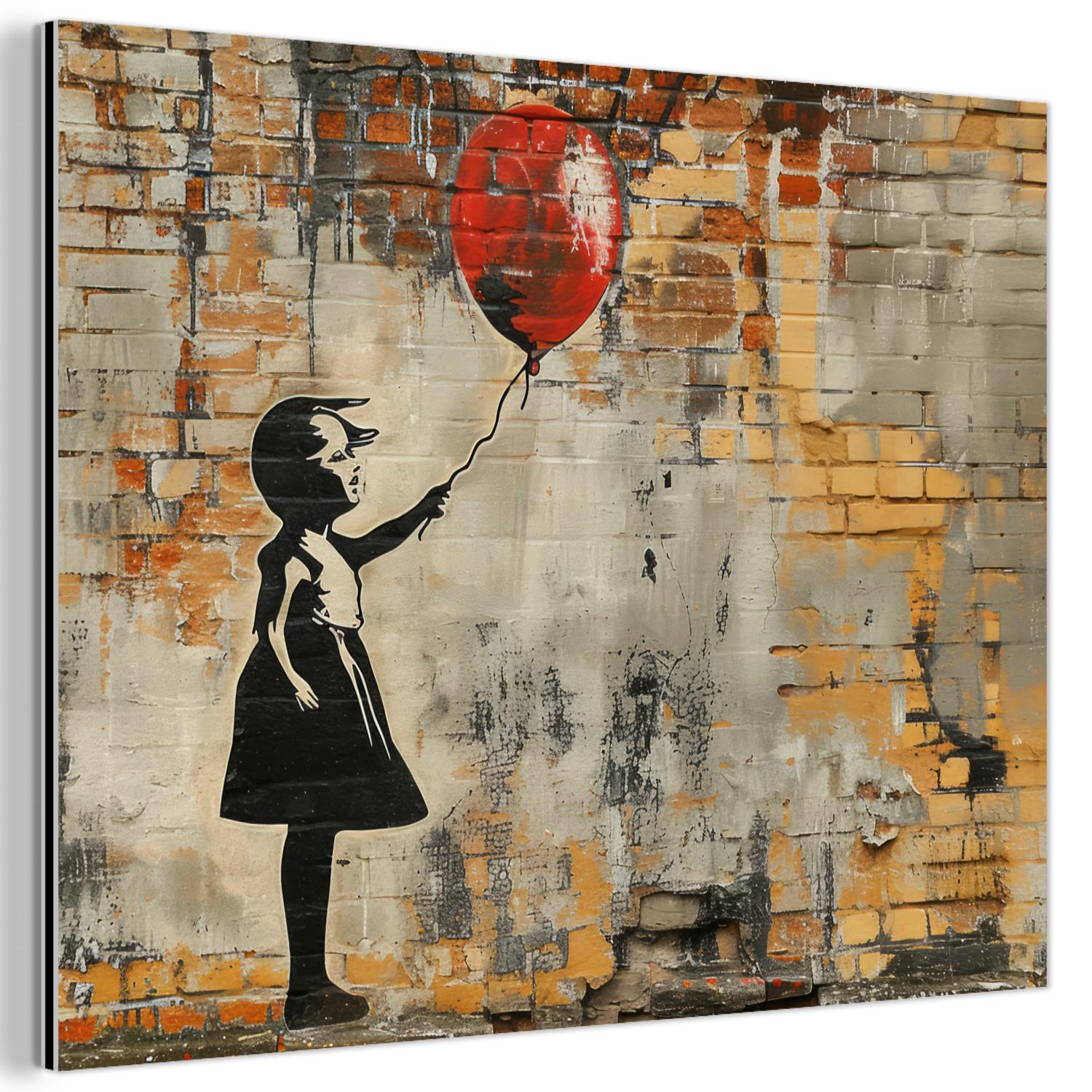 METALLBILD Graffiti - Banksy - Mädchen - Straßenkunst 40x30 cm - Sandfarben, Metall (40/30cm) - MuchoWow
