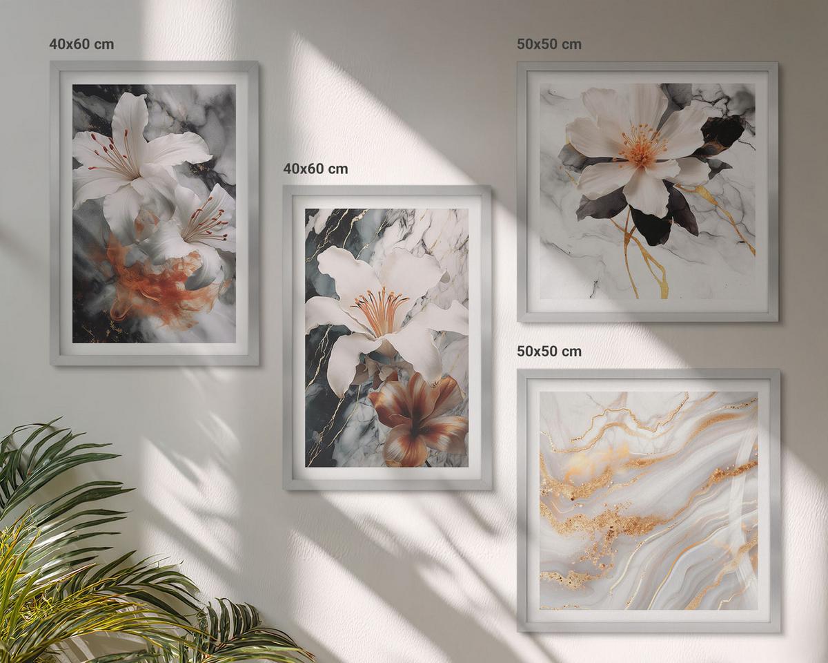 BILDER SET 4er Set - 50x50 cm & 40x60 cm Silberner Rahmen - Blumen Marmor weiß schwarz - Silberfarben, Kunststoff (50/50cm) - TULUP