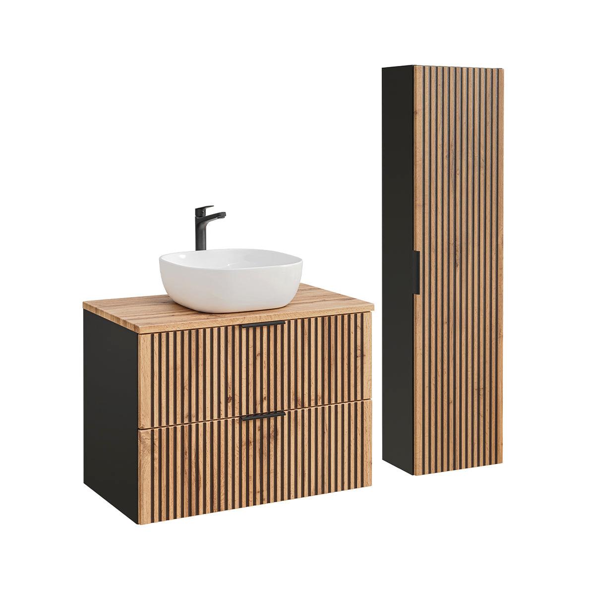 BADMÖBEL 80.6cm Gaia 2er-Set Holz in Eichenoptik und Schwarz - Schwarz, Holzwerkstoff (80.6/59/46cm) - Petits-meubles