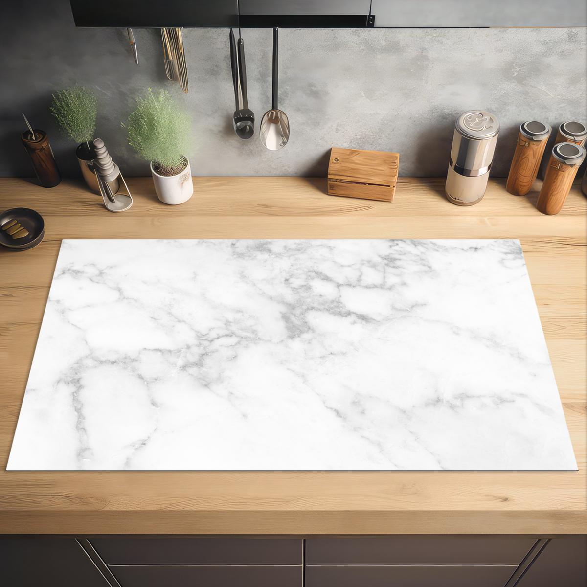 HERDABDECKPLATTE Marmor - Grau - Weiß - Strukturierter Marmor Induktionsschutz 91.6x52.7 cm - Weiß, Kunststoff (91.6/52.7/0.2cm) - MuchoWow