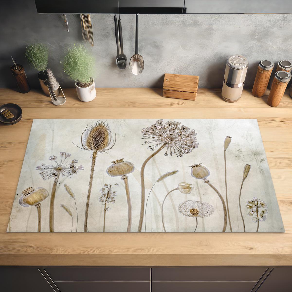 HERDABDECKPLATTE Blumen - Aquarell - Stilleben - Braun - Vintage Ceranfeldabdeckung 90x52 cm - Sandfarben, Kunststoff (90/52/0.2cm) - MuchoWow
