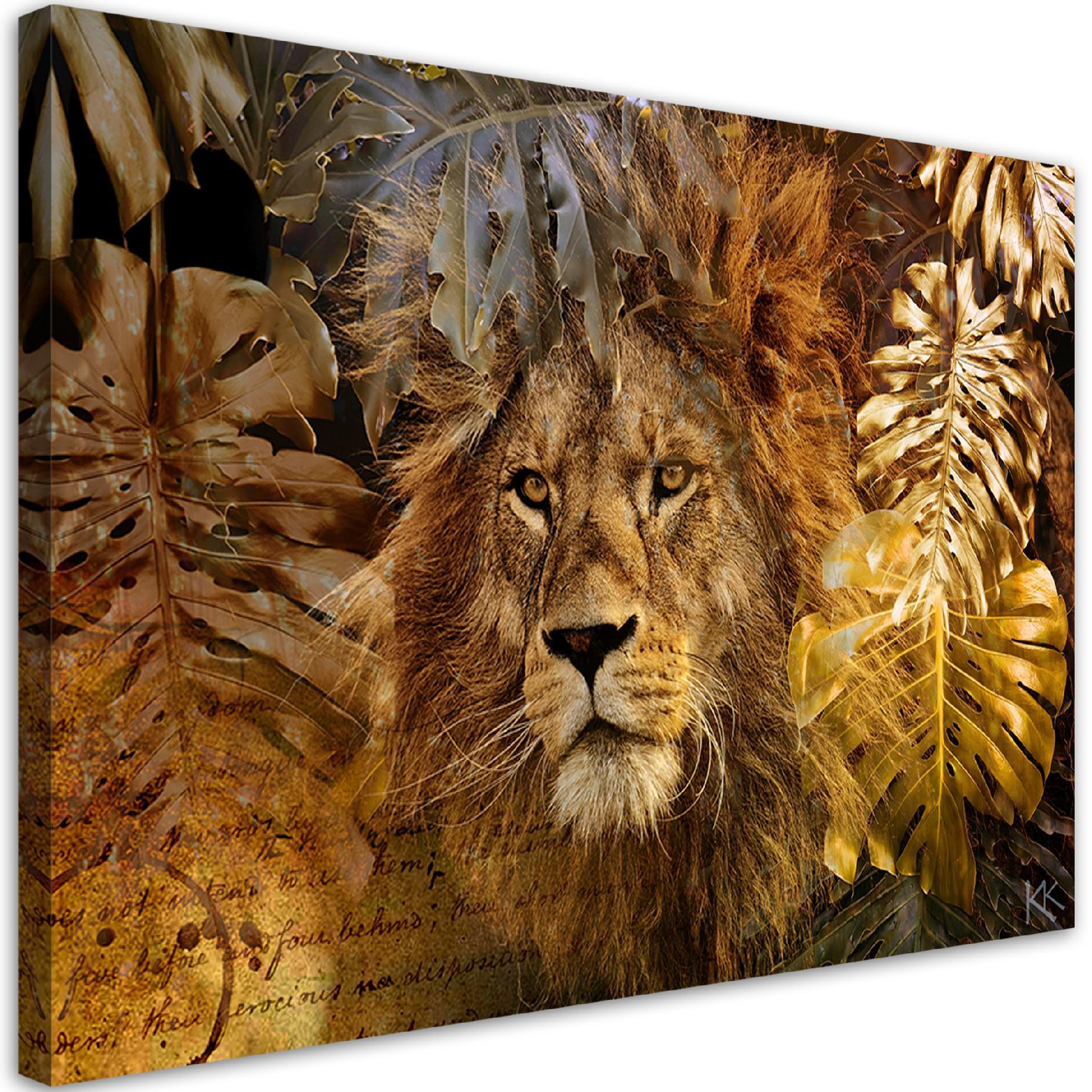 LEINWANDBILD Löwe und Monstera Goldene Blätter 100x70cm - Braun, Textil (100/70cm) - Feeby